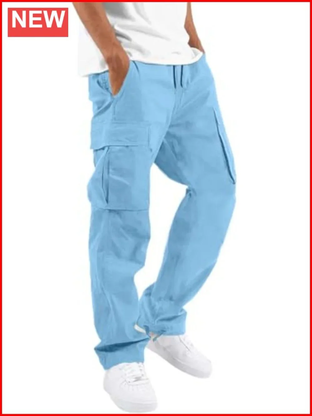 Men's Cargo Pants Drawstring Casual Hiking Joggers Cotton Loose Straight